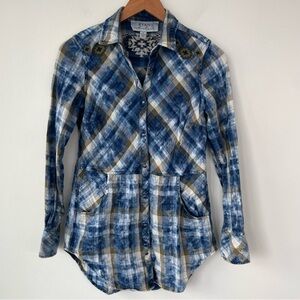 Ryan Michael Indigo Blue Moss Green Plaid Snap Western Embroidered Tunic S Small